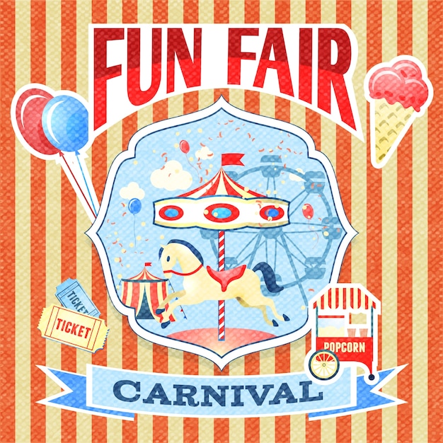 Vector gratuito carnaval de la vendimia de la feria de diversión tema del parque cartel plantilla ilustración vectorial