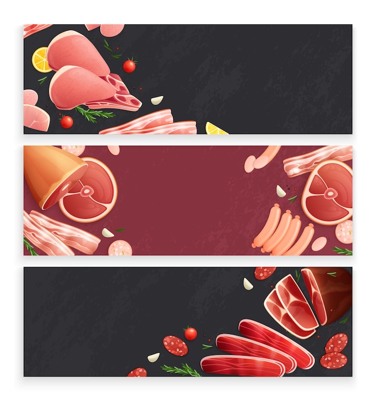 Vector gratuito carnicería productos cárnicos 3 pancartas de fondo apetitosas planas con salchichas de tocino de jamón ilustración de vector de carne de res