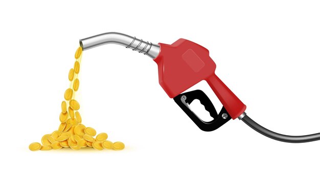 Caro concepto de diseño realista de gas combustible con monedas de oro que se derraman fuera de la boquilla de la bomba del mango ilustración vectorial aislada
