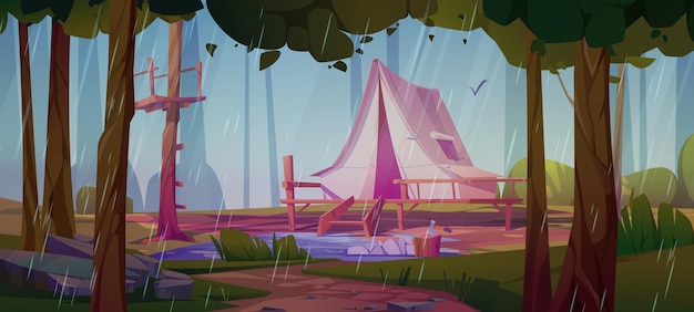 Carpa de campamento en ilustración de aventura de bosque ferroviario charco de agua y clima de gotitas naturaleza al aire libre paisaje vectorial de dibujos animados escena de campamento de viaje de vacaciones para glamping en pilas o expedición con hacha