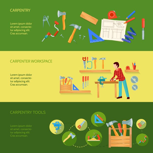 Carpintería herramientas área de trabajo y actividad ejemplo concepto tres banners horizontales vector ilustración