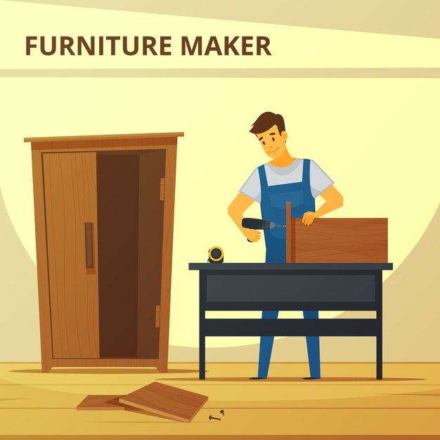 Carpintero ensamblando mueble plano poster con joven profesional.