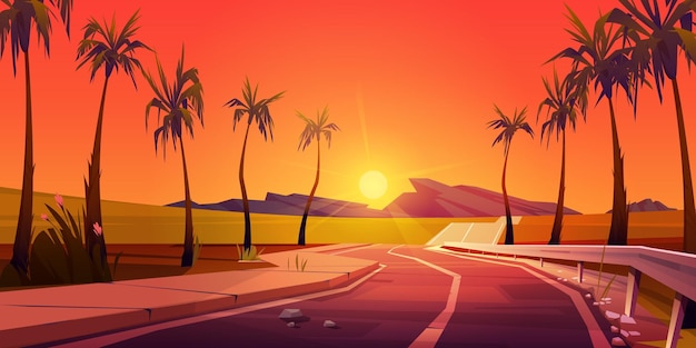 Vector gratuito carretera asfaltada vacía con palmeras puesta de sol tropical