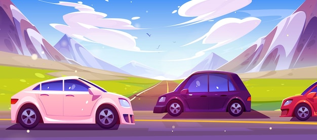 Carretera con autos contra el paisaje de montaña Ilustración de dibujos animados vectoriales de autos que viajan por carretera asfaltada en el fondo de rocas altas pájaros del valle verde volando en el cielo azul soleado Viajes en vacaciones de verano