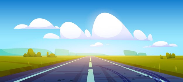 Carretera de coche en campos con césped verde y bosque en el horizonte. Ilustración de dibujos animados de vector de paisaje de campo de verano con prados, nubes en el cielo azul y la carretera con huellas de neumáticos en el asfalto