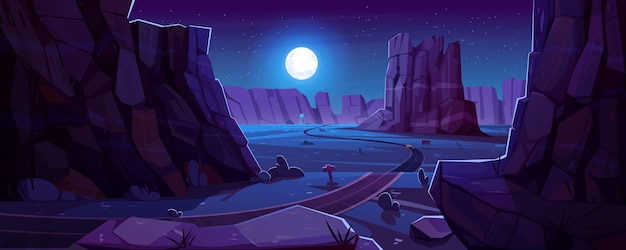 Carretera de dibujos animados que atraviesa el cañón nocturno