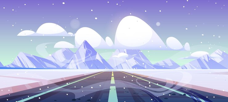 Carretera de invierno recta vacía desaparece en el paisaje de montaña Camino con campos nevados a los lados bajo copos de nieve que caen Camino escénico con vista en perspectiva de senderos de neumáticos Ilustración de vector de dibujos animados