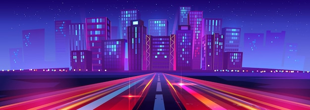 Carretera con luces de alta velocidad conduce a la ciudad con edificios de varios pisos contra el cielo estrellado claro Paisaje urbano futurista con edificios neón resplandor carretera con efecto de movimiento Ilustración de vector de dibujos animados