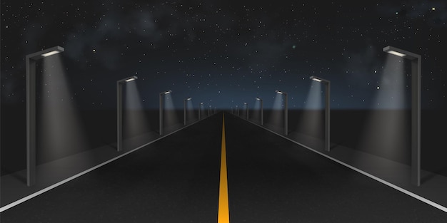 Carretera con luces de calle en la noche