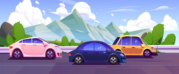 Carretera de montaña tráfico de automóviles dibujos animados naturaleza paisaje viaje por carretera de Sumer con verano verde altos alpes entorno escénico panorama horizontal hermoso concepto de viaje de vacaciones en coche al aire libre soleado