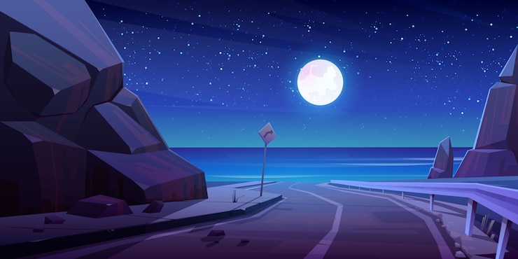 Vector gratuito carretera de montaña con vista nocturna al mar, carretera vacía