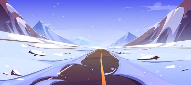 Carretera de nieve de invierno y escena de paisaje de montaña.