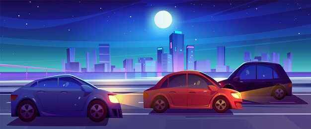 Carretera nocturna de la ciudad con tráfico de automóviles de fondo rascacielos de neón paisaje urbano con faros de vehículos en la autopista a medianoche Ruta de asfalto paisaje panorámico de la costa urbana con agua de mar y puente