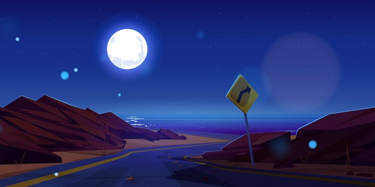 Vector gratuito carretera nocturna a la playa del mar ilustración de dibujos animados vectoriales de la carretera peligrosa del coche con señal de advertencia de giro brusco piedras rocosas a lo largo de la costa vacía cielo estrellado azul oscuro con luciérnagas de luz de luna llena