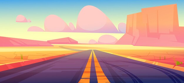 Carretera en paisaje desértico paisaje con rocas y tierra seca agrietada. Carretera recta vacía en el Gran Cañón de Arizona, camino asfaltado que desaparece en la distancia. Ilustración de vector de dibujos animados de tierra desierta