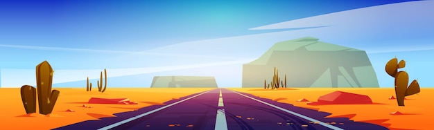 Carretera en paisaje desértico paisaje con rocas y tierra seca. Carretera recta vacía en el Gran Cañón de Arizona, camino asfaltado que desaparece en la distancia con el sol. Ilustración vectorial de dibujos animados