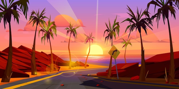 Carretera tropical al atardecer a la playa del mar Ilustración de dibujos animados vectoriales de carretera peligrosa con señal de advertencia de giro brusco piedras rocosas y palmeras a lo largo de la costa vacía cielo nocturno con nubes naranjas