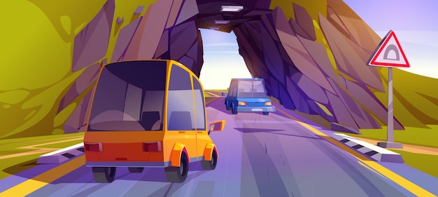 Carretera de túnel de paseo en coche con paisaje de señal de advertencia