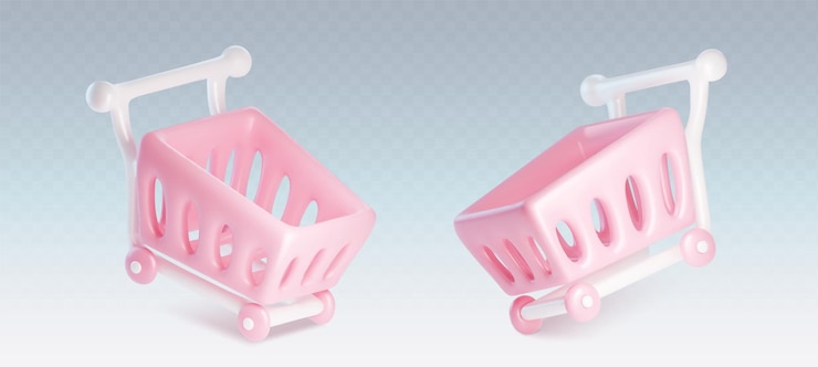 Vector gratuito carretes de compras 3d para compras en supermercados cesta de pastel rosa vectorial de dibujos animados con ruedas para comestibles carretín de mercado vacío flotante para tienda minorista o mercado en línea caja de plástico para productos