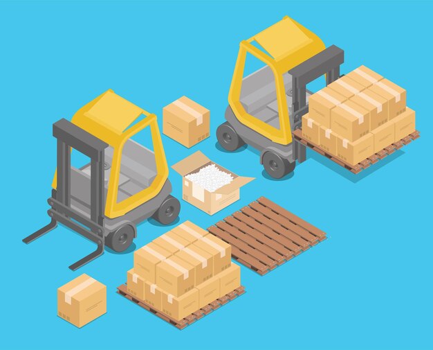 Carretilla elevadora isométrica para levantar y transportar mercancías., Racks de almacenamiento., Palets con mercancías para infografías, ilustración 3d