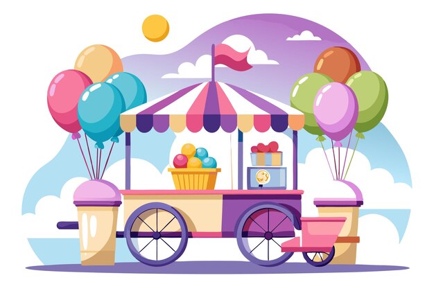 Carrito colorido que vende helados y regalos con globos en el fondo
