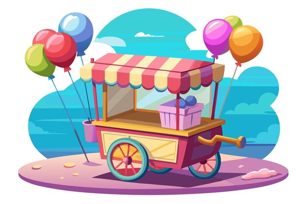 Un carrito de comida de rayas rojas y blancas con globos y una canasta de golosinas contra un cielo azul con nubes blancas