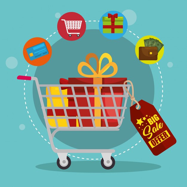 carrito de compras con iconos de conjunto de comercialización