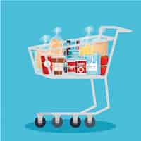 Vector gratuito carrito de compras con productos.