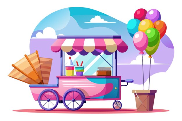 Un carrito de helado rosa y azul con globos