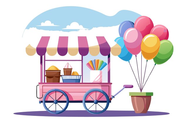 Un carrito rosa con toldo a rayas vende bocadillos con globos y una olla de flores