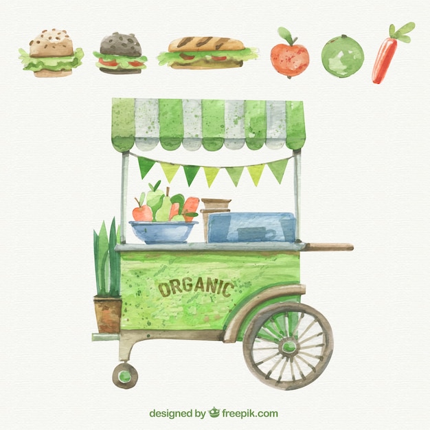 Vector gratuito carrito vintage de acuarela con comida