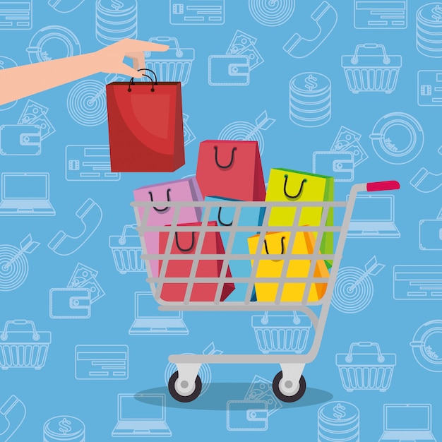 Vector gratuito carro de compras con los iconos de sistema de marketing