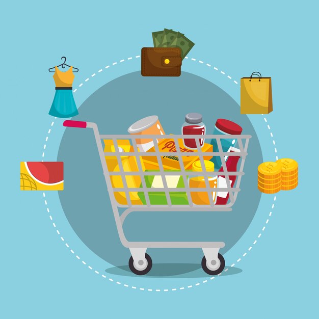 carro de compras con set de marketing