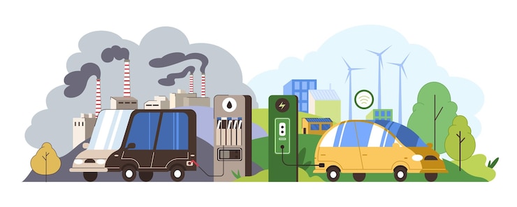 Vector gratuito carro eléctrico frente a automóvil de gasolina transición a la energía verde carga del vehículo en la estación de carga de electricidad frente a