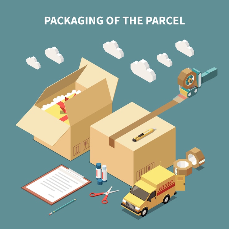 Vector gratuito carro de entrega de cajas de cartón y herramientas para empaquetado de paquetes concepto isométrico 3d ilustración vectorial