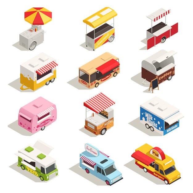 Carros de la calle camiones icono isométrico y coloreado con dulces de comida y bocadillos ilustración vectorial