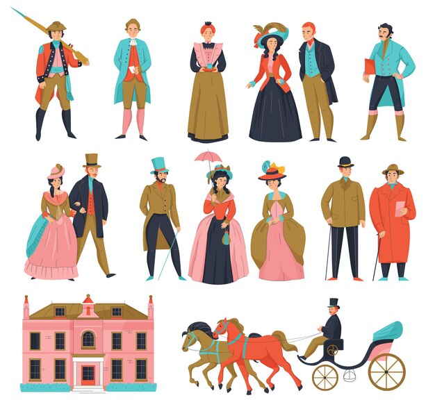 Carruaje de moda del casco antiguo del siglo XVIII con íconos aislados y personajes humanos de aristócratas ilustración vectorial