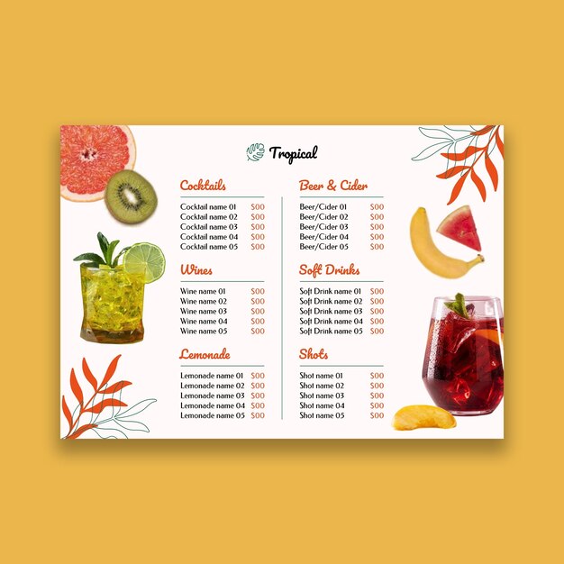 Carta de cócteles y bebidas tropicales.