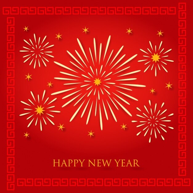 Carta de feliz año nuevo con fuegos artificiales