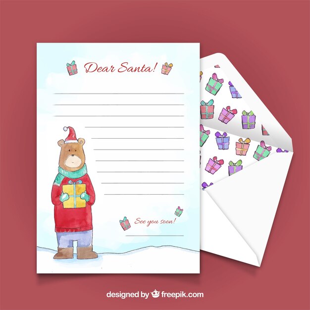Carta de navidad en acuarela con un oso