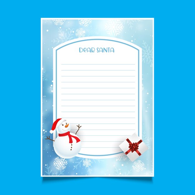 Carta navideña a santa con muñeco de nieve y regalo.
