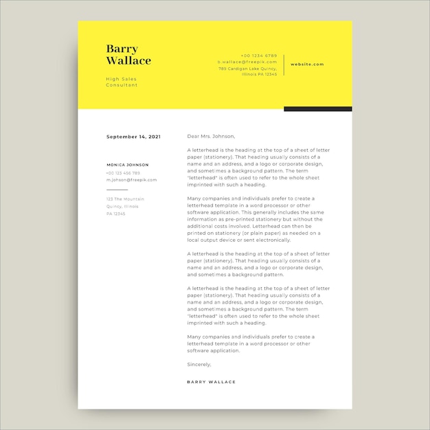 Carta de ventas profesional moderna barry yellow