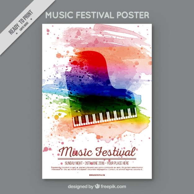Vector gratuito cartel de acuarela de festival de música con un piano