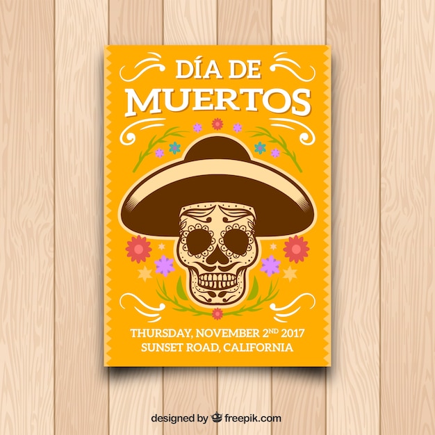 Vector gratuito cartel amarillo del día de muertos con calavera mexicana