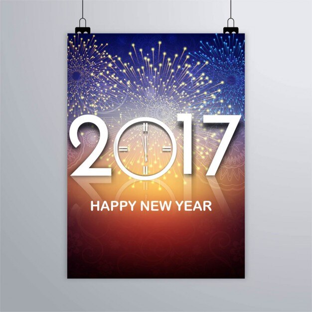 Cartel de año nuevo 2017 con fuegos artificiales 