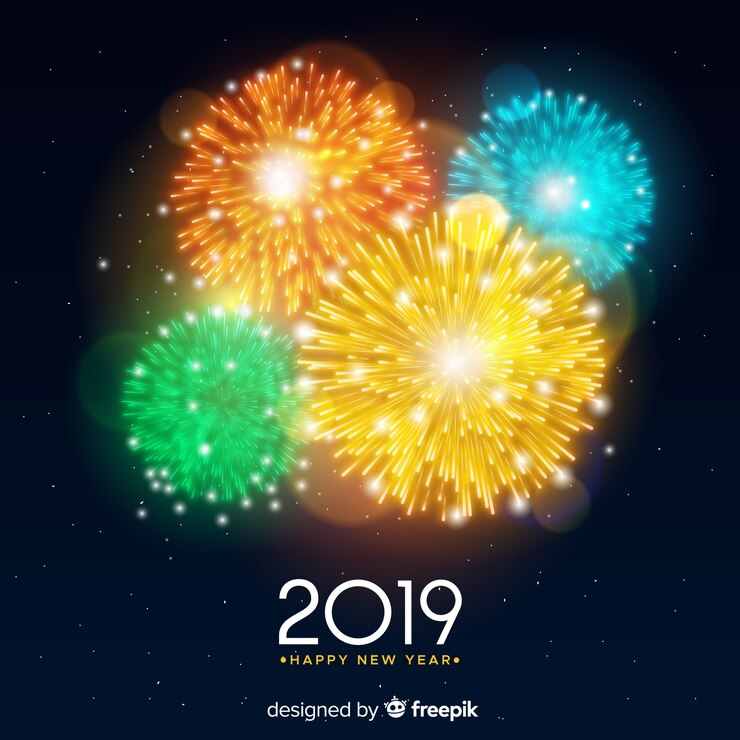 Vector gratuito cartel de año nuevo 2019 con fuegos artificiales