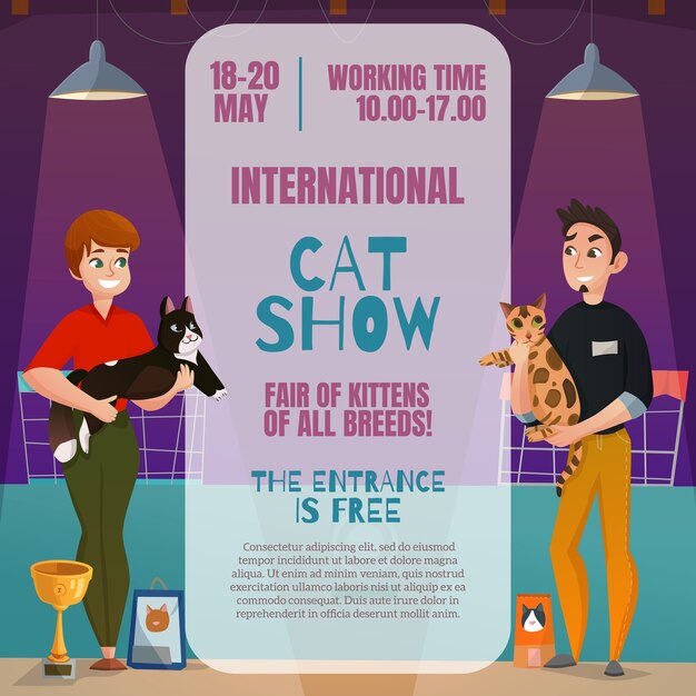 Cartel del anuncio de la exposición internacional de gatos de todas las razas con fechas, lugar y dibujos animados de 2 participantes