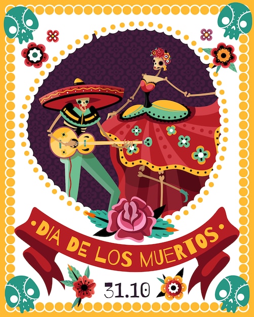 Vector gratuito cartel de anuncio de fiesta de celebración del día muerto con fecha y esqueletos de pareja cantando en coloridos trajes