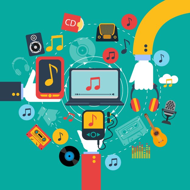 Cartel de aplicaciones de música retro a la antigua usanza con 3 manos sosteniendo tabletas y teléfono móvil