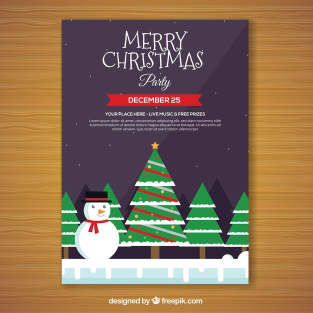 Cartel con árboles de navidad y un muñeco de nieve